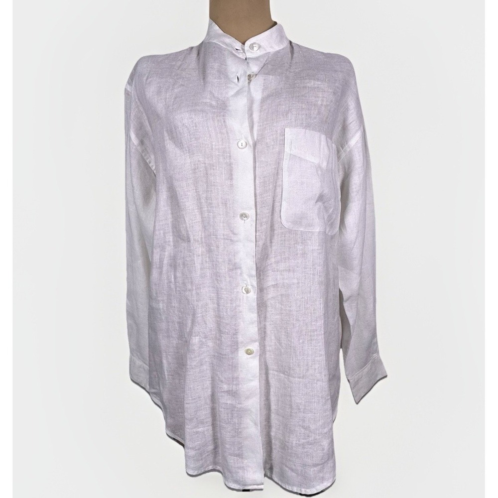 Vtg Y2K Ann Taylor Linen Button Down Shirt Small White Mandarin Collar Oversized